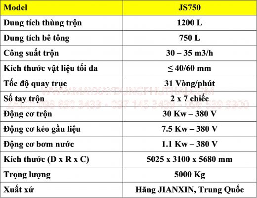 Thông số kỹ thuật cối trộn cưỡng bức JS750